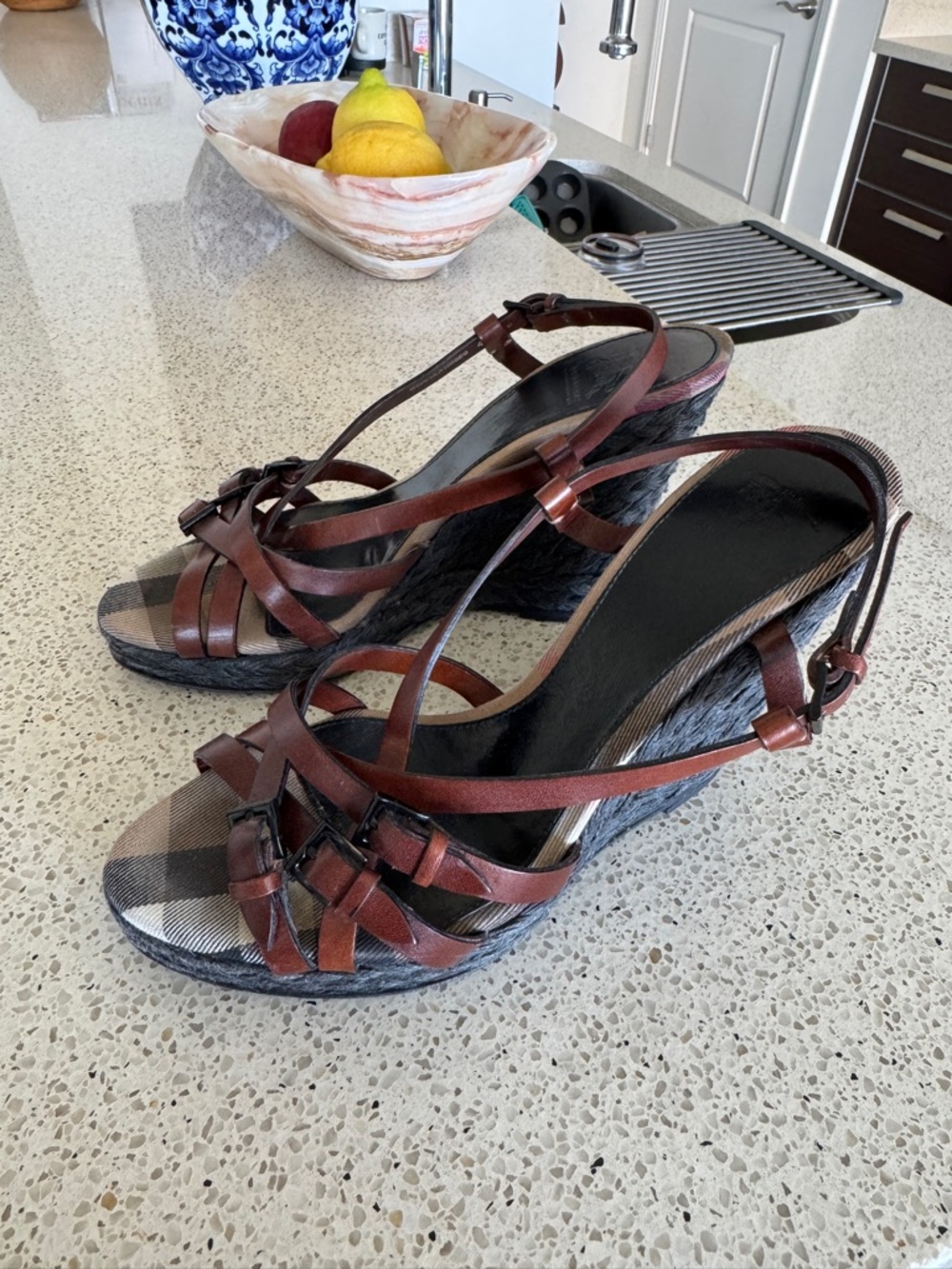 Burberry Brown Leather Strappy Wedge Sandals, Signature Check 8.5-9 us (40eu)